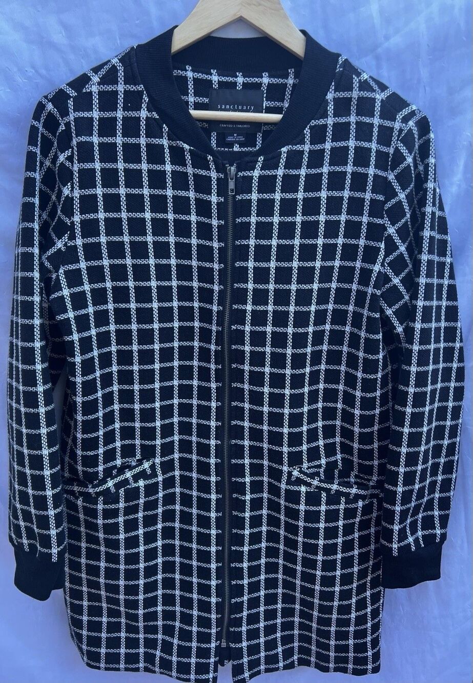 Cozy Sanctuary Longline plaid zip up sweater Jacket M Black Windowpane Lined